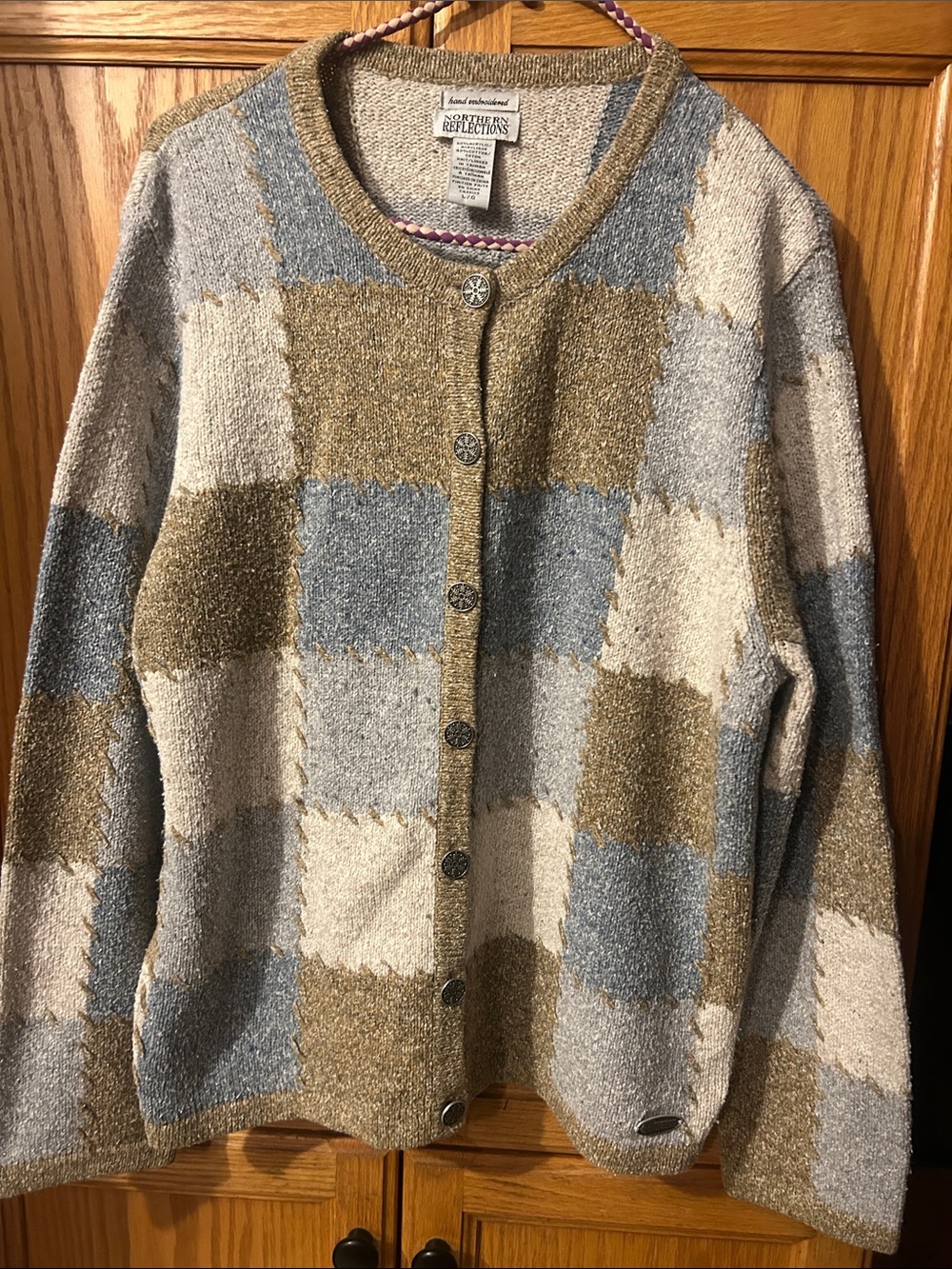 Northern Reflections Patchwork Button-Front Cardigan in Blue, Cream & Tan